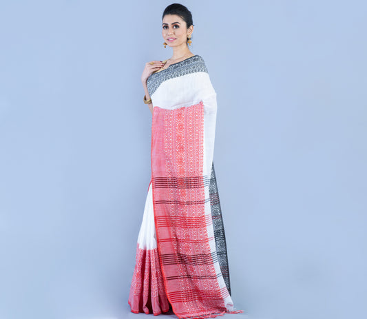 Handloom Cotton Saree - Red and Black - ArtisanSoul