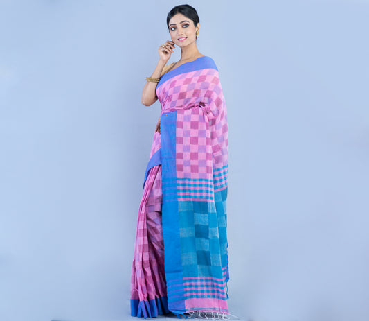 Handloom Cotton Saree with Jaba Kaj - Pink and Blue - ArtisanSoul
