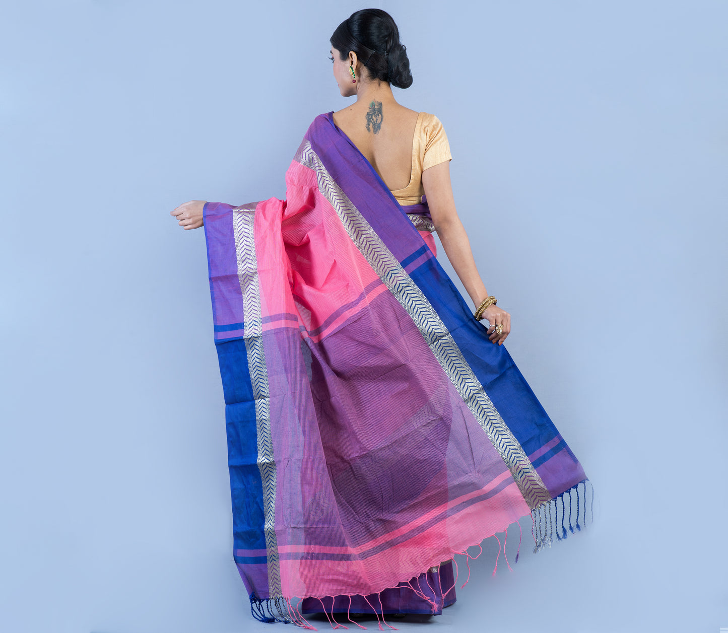 Tant Saree - Pink with Blue Par - ArtisanSoul