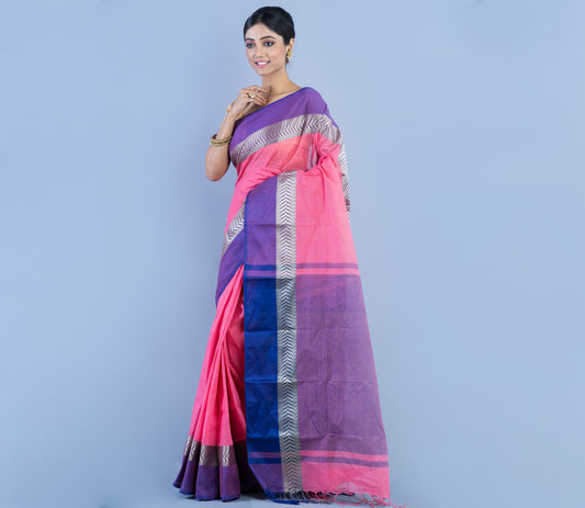 Tant Saree - Pink with Blue Par - ArtisanSoul