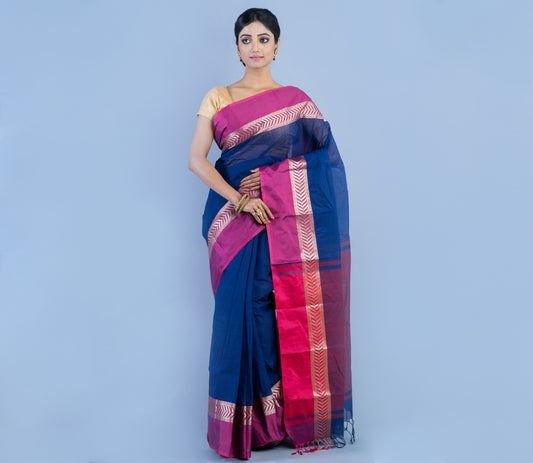 Tant Saree - Blue with Pink Par - ArtisanSoul