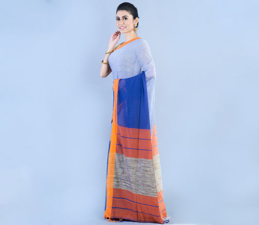 Handloom Cotton Silk Saree Blue and Sky Blue with Gheecha Anchal - ArtisanSoul