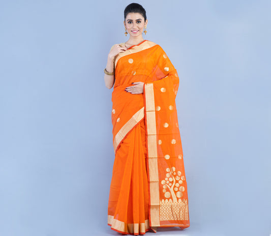 Tant Saree - Yellow with Orange Paar - ArtisanSoul