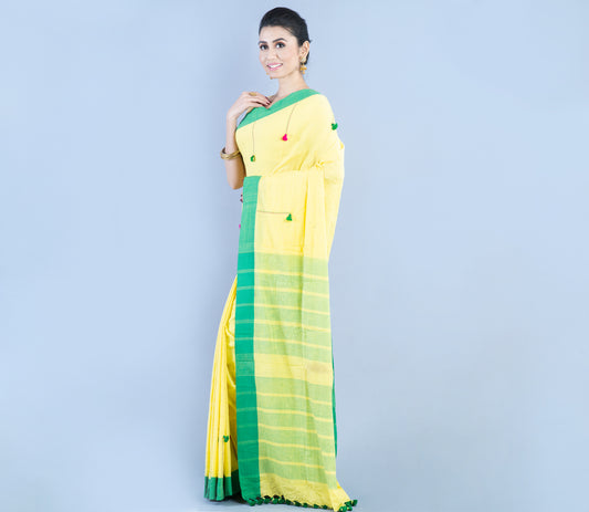 Handloom Cotton Saree - Light Yellow & Green - ArtisanSoul