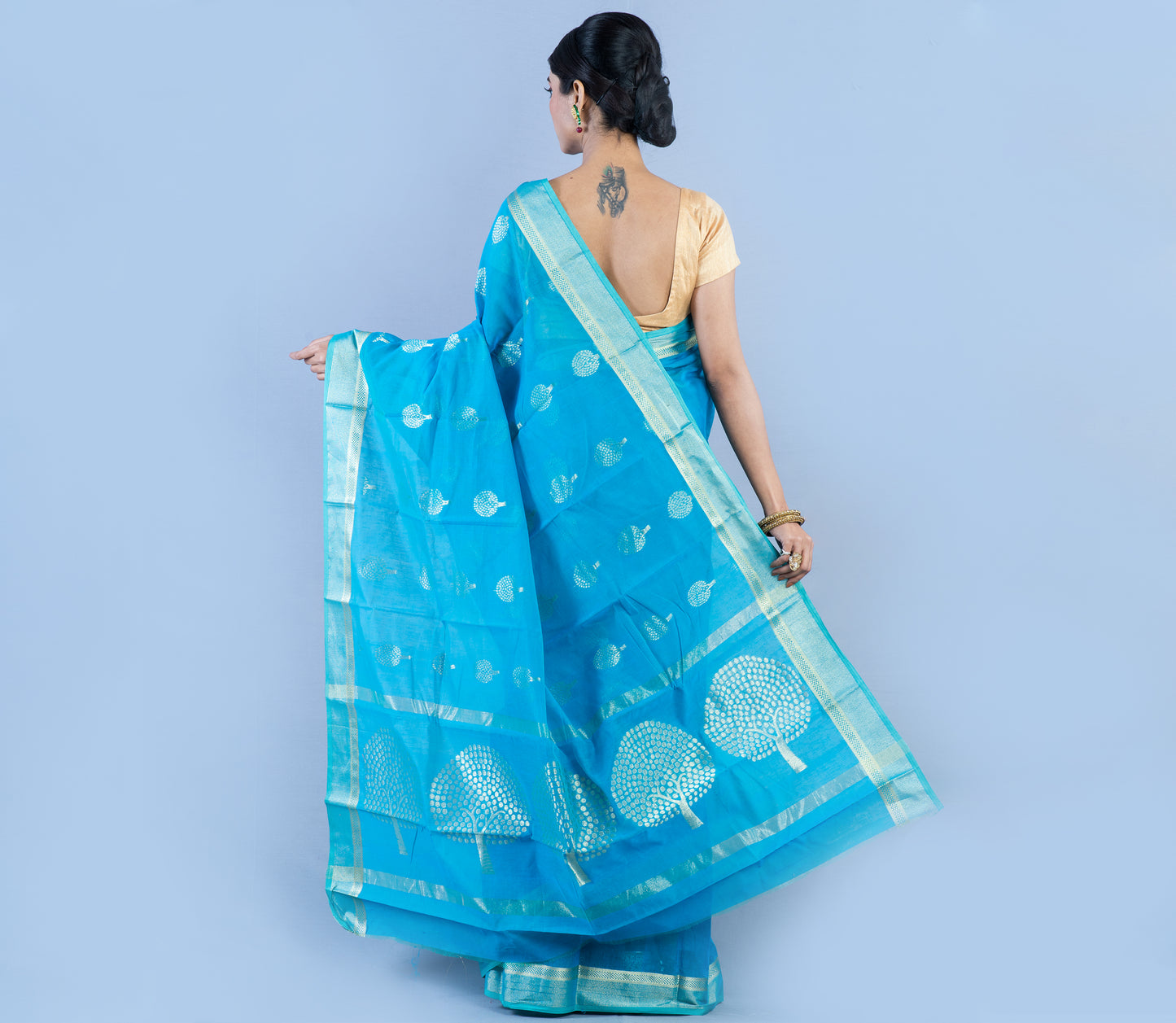 Tant Saree - Sky Blue with Zari work - ArtisanSoul