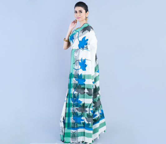 Printed Cotton Saree - Sea Green Blue Black On White - ArtisanSoul