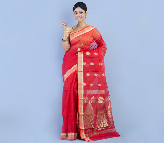 Tant Saree - Crimson Red with Zari work - ArtisanSoul