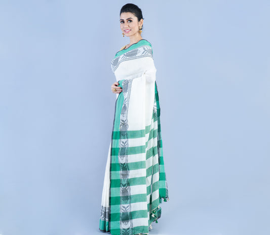Handloom Cotton Saree - White & Green - ArtisanSoul