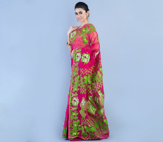 Handloom Jamdani Saree - Green on Purple - ArtisanSoul