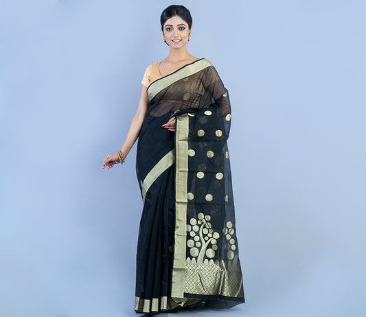 Tant Saree With Zari work - Black - ArtisanSoul