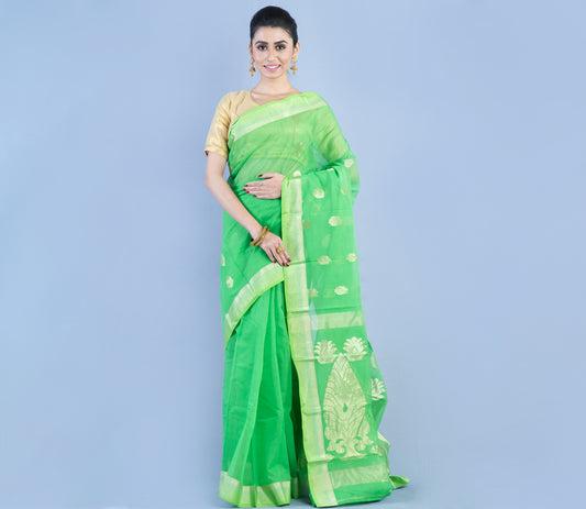 Tant Saree - Green with Zari work - ArtisanSoul