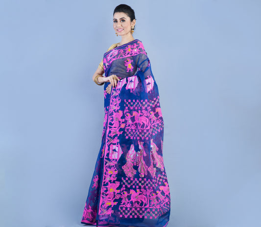Handloom Jamdani Saree - Pink on Blue - ArtisanSoul