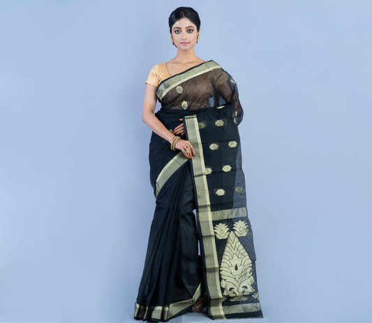 Tant Saree - Black with Zari work - ArtisanSoul