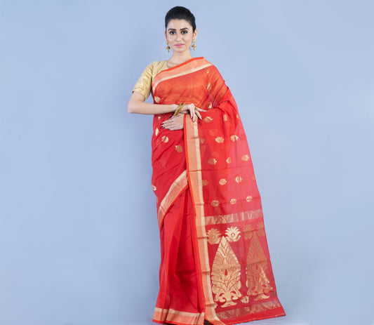 Tant Saree with Zari work - Red - ArtisanSoul