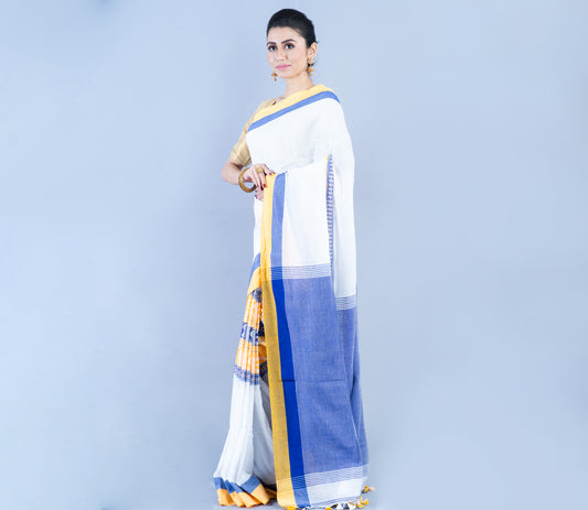Handloom Cotton Saree - White Yellow & Blue - ArtisanSoul