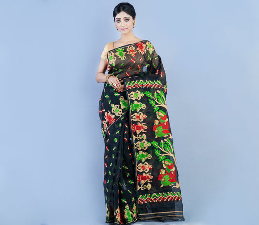 Handloom Jamdani - 3D Color on Black - ArtisanSoul
