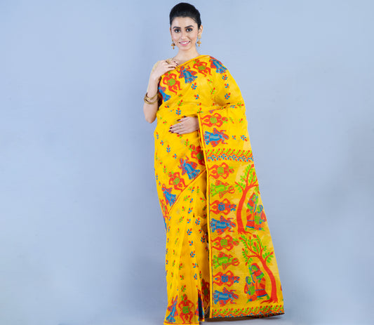 Handloom Jamdani Saree- 3D Color on Yellow - ArtisanSoul