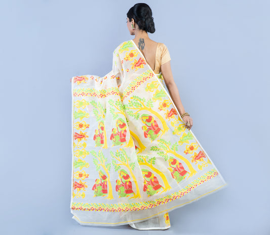 Handloom Jamdani Saree – 3D Color Weaving on White Cotton - ArtisanSoul
