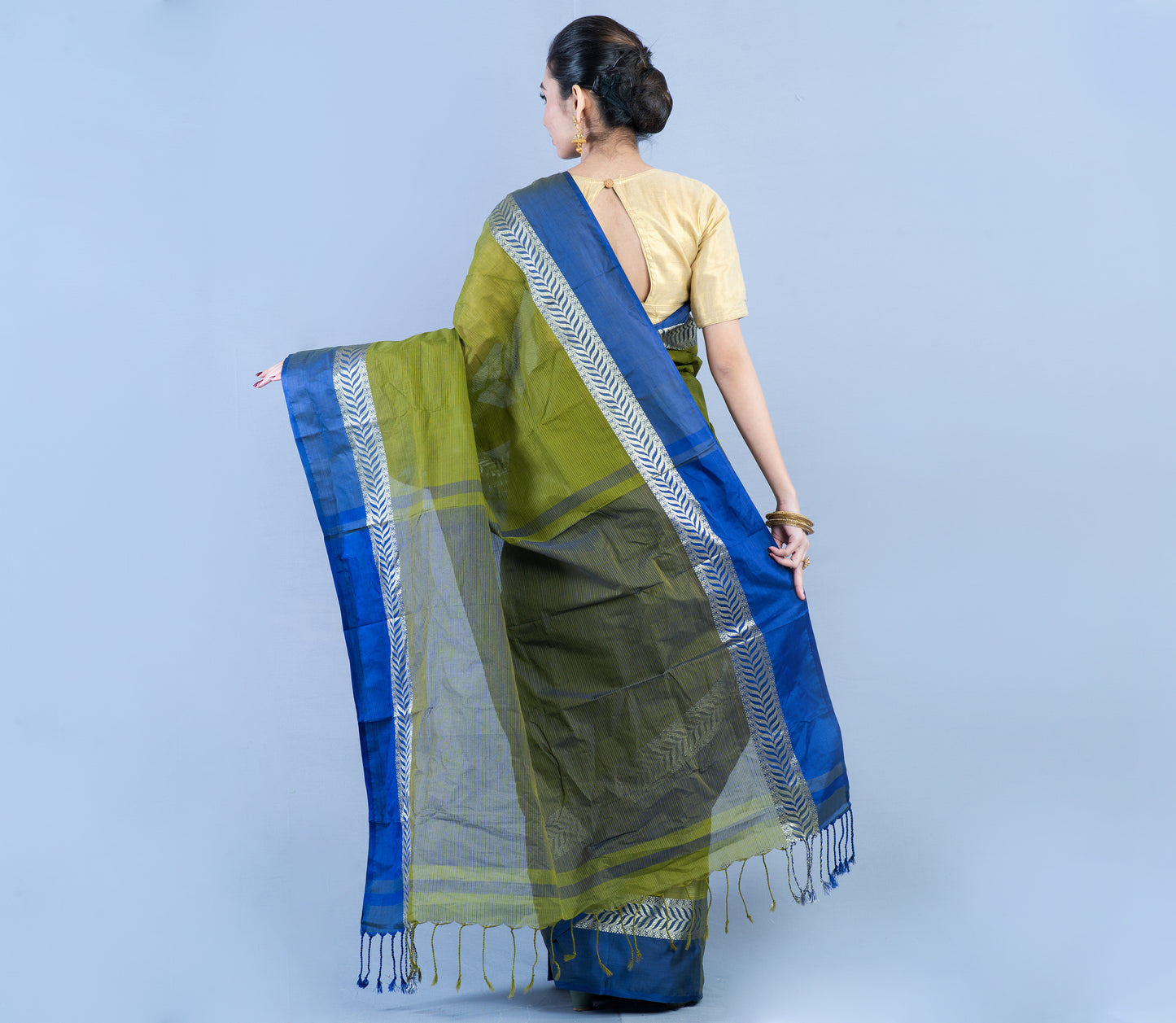 Handloom Tant Saree - Olive Green with Blue Par - ArtisanSoul