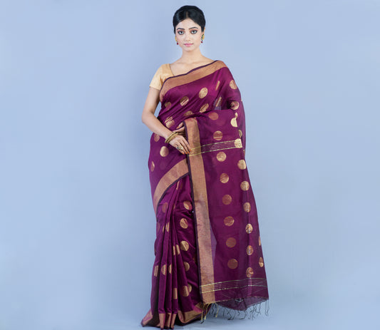 Handloom Saree with all Over Zari Work - Dark Purple - ArtisanSoul