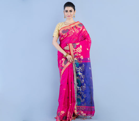 Handloom Saree with all over Zari work - Dark Pink & Blue - ArtisanSoul