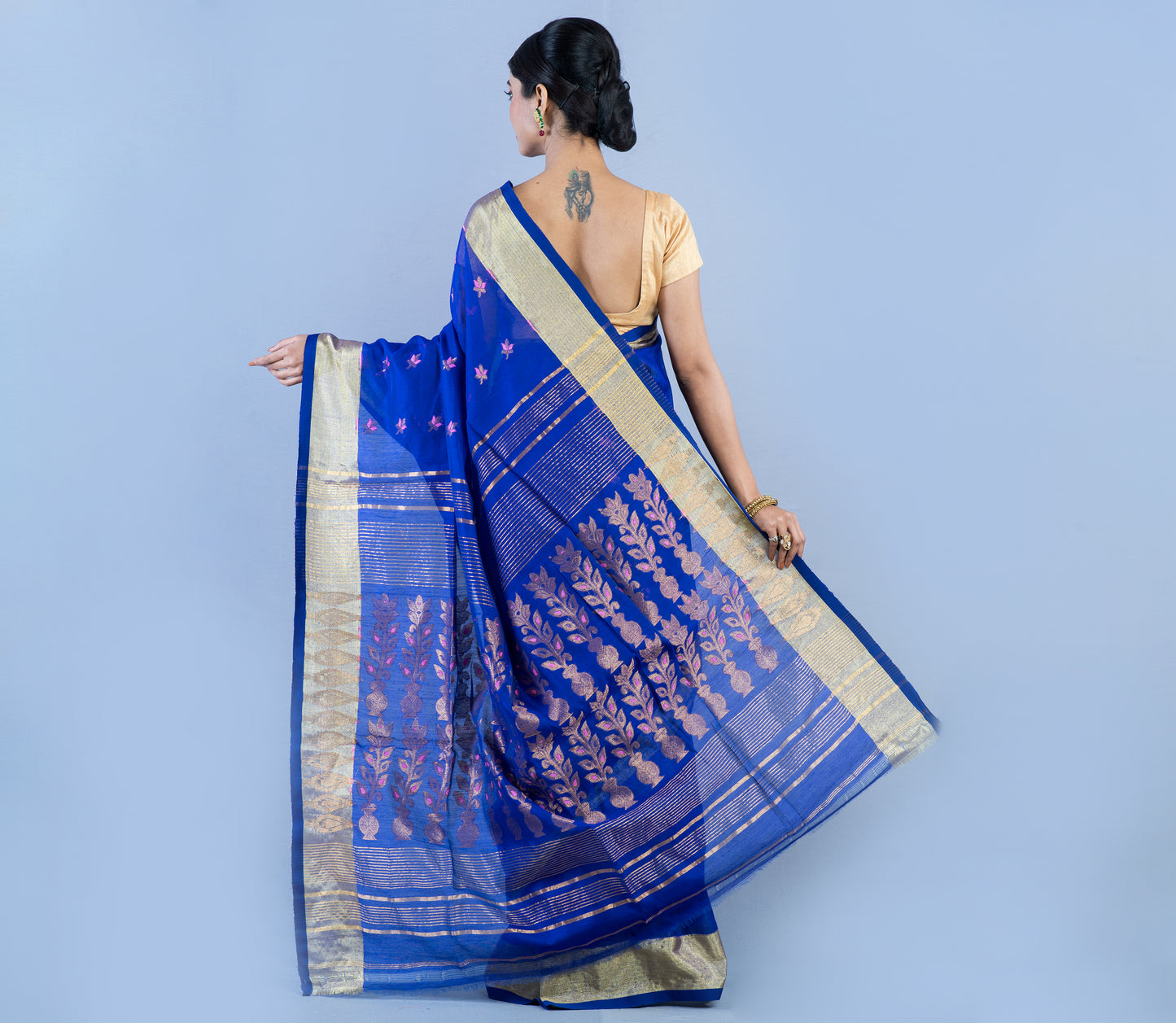 Handloom Muslin Silk Saree - Blue White Zari Work - ArtisanSoul