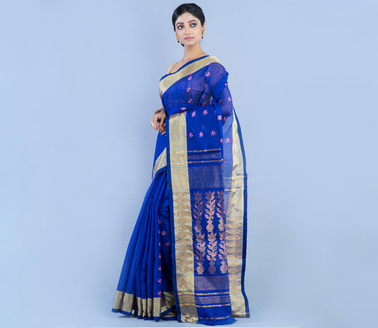 Handloom Muslin Silk Saree - Blue White Zari Work - ArtisanSoul
