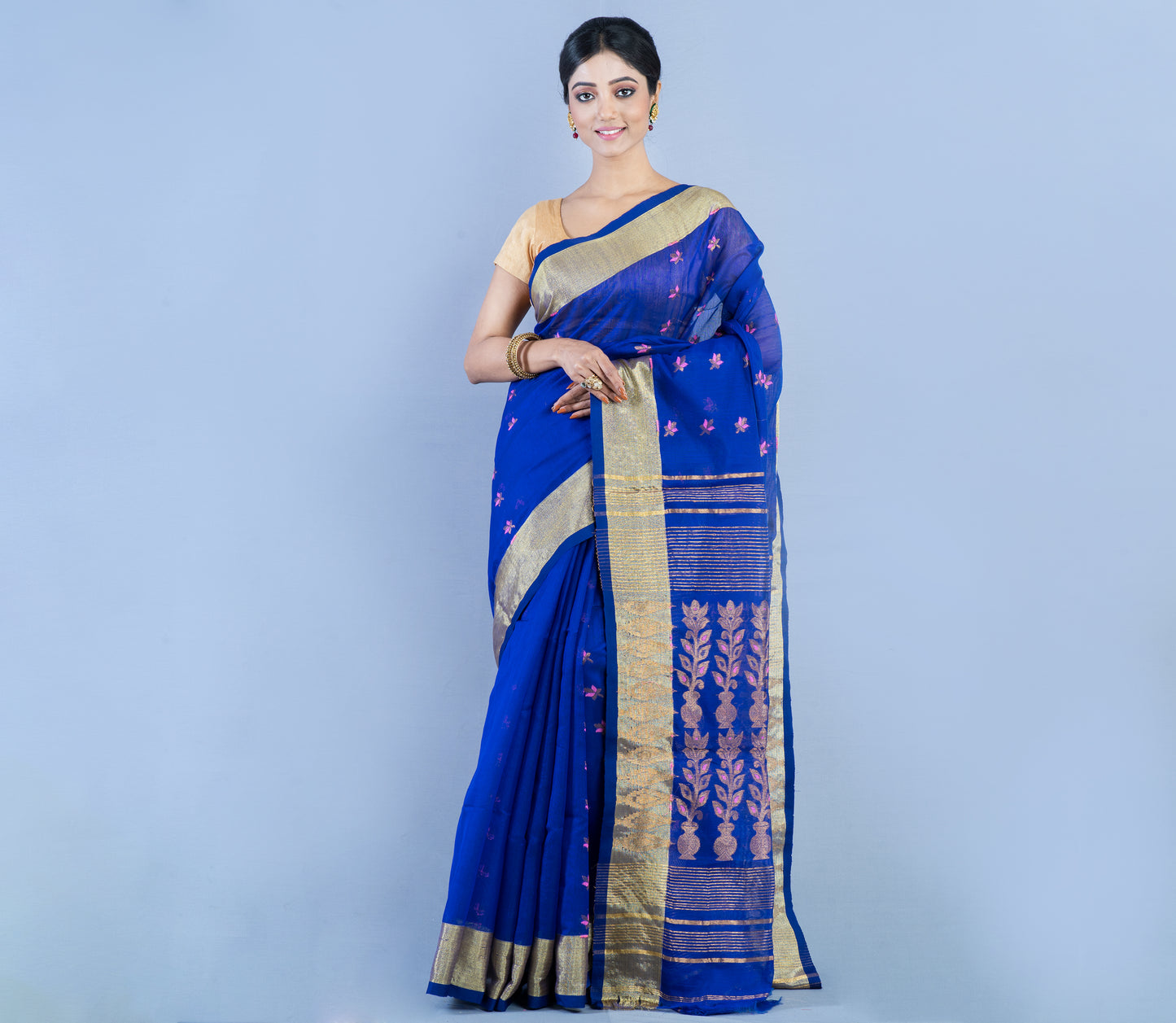 Handloom Muslin Silk Saree - Blue White Zari Work