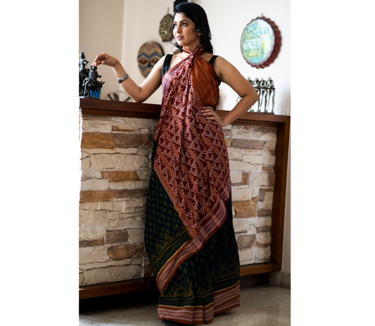 Sambalpuri Saree - Pure Cotton - Teal Blue and Brown - ArtisanSoul