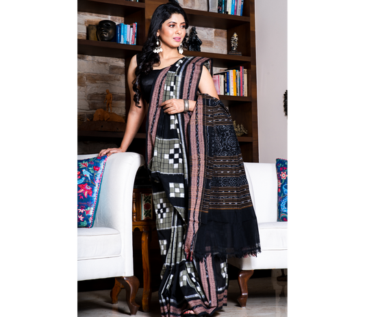 Sambalpuri Saree - Pure Cotton - Black, Grey and White - ArtisanSoul