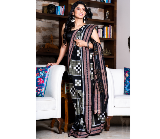 Sambalpuri Saree - Pure Cotton - Black, Grey and White - ArtisanSoul