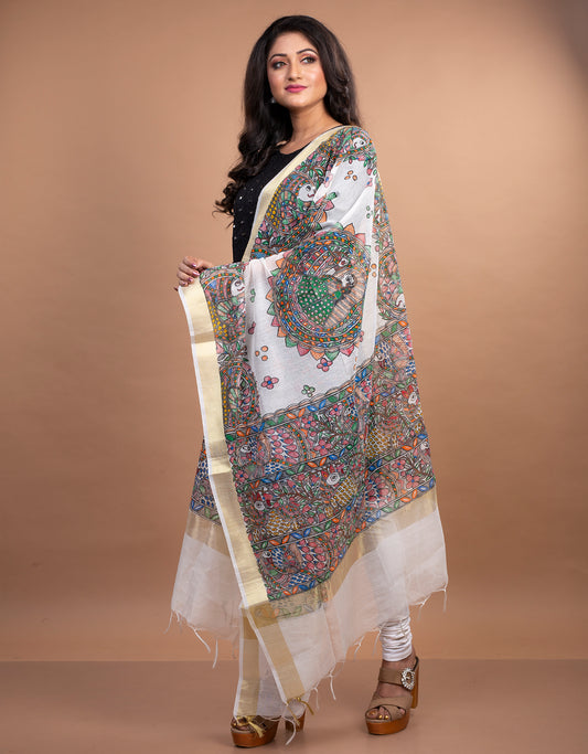 Madhubani Painting Dupatta From Bihar - White with Golden Border - ArtisanSoul