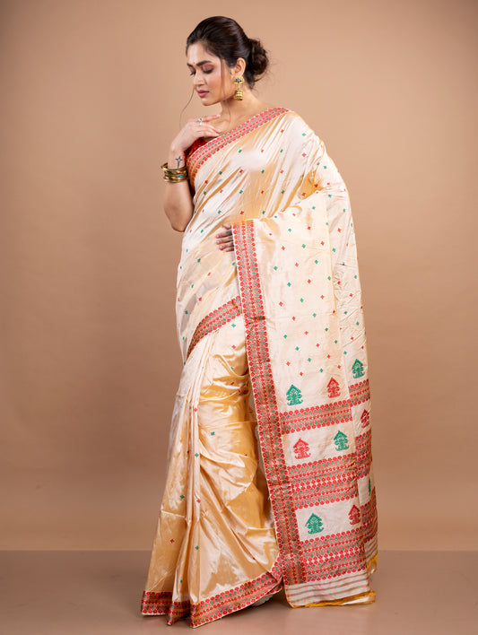 Assam Silk Saree - Golden with red and Green thread Work - ArtisanSoul