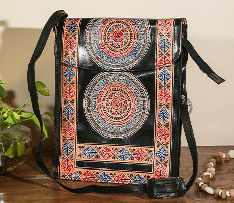 Handcrafted Leather Office Bag - Mandala on Black - ArtisanSoul