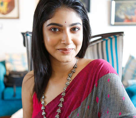 Neemki Kaj on Handloom Saree - Grey - ArtisanSoul