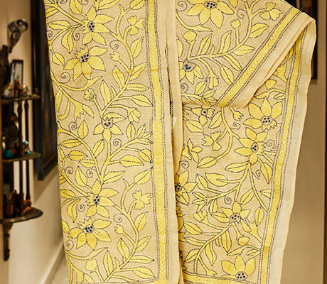 Kantha Stitched Stole on Tussar Base - Yellow - ArtisanSoul