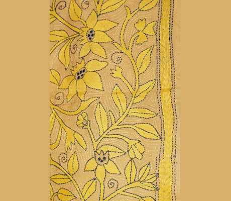Kantha Stitched Stole on Tussar Base - Yellow - ArtisanSoul