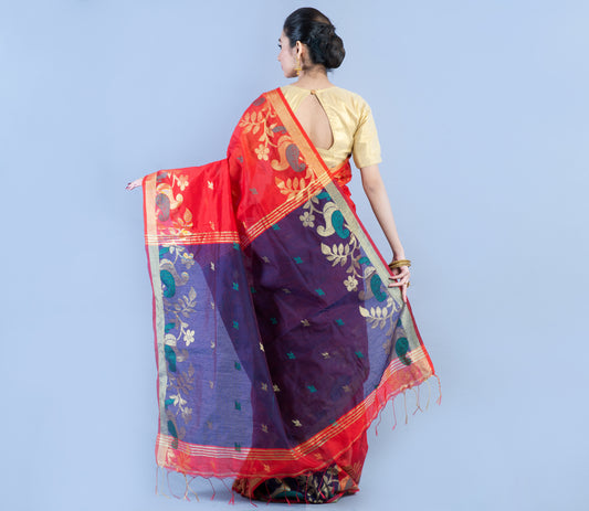 Handloom Saree With Work All Over The Saree - Red and Navy Blue - ArtisanSoul