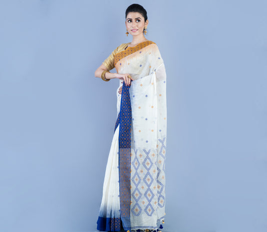 Neemki Kaj On Handloom Saree - Blue On White - ArtisanSoul