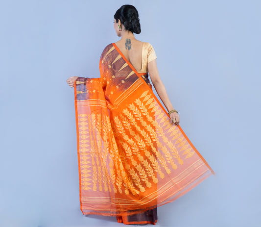 Handloom Muslin Saree - Orange & Navy Blue - ArtisanSoul
