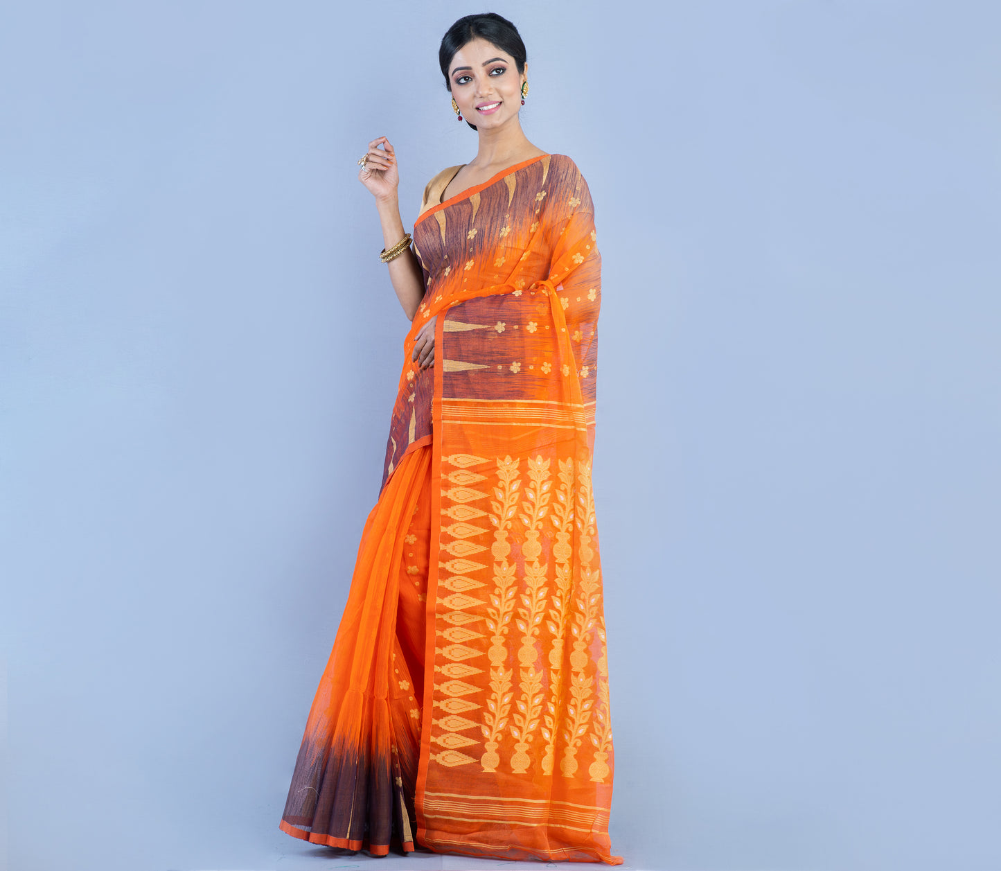 Handloom Muslin Saree - Orange & Navy Blue