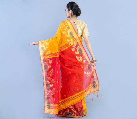 HANDLOOM SAREE WITH WORK ALL OVER THE SAREE - YELLOW & RED - ArtisanSoul