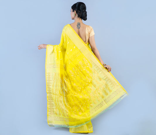 Handloom Muslin Silk Saree - Yellow - ArtisanSoul