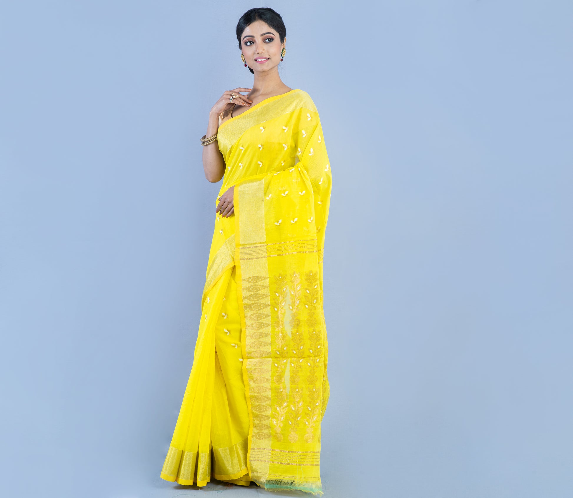 Handloom Muslin Silk Saree - Yellow - ArtisanSoul