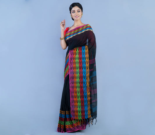 Handloom Cotton Black Saree With Multi-Color Fish Design Par - ArtisanSoul