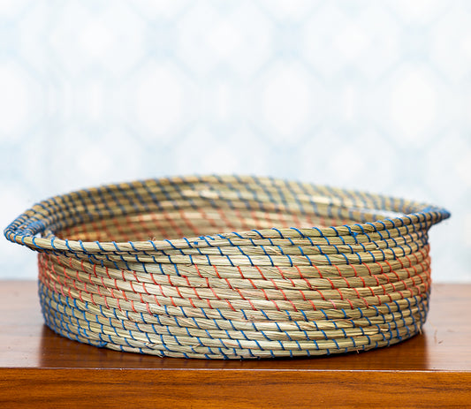 Round Basket of Sabai Grass with Blue and Red Thread Work - ArtisanSoul