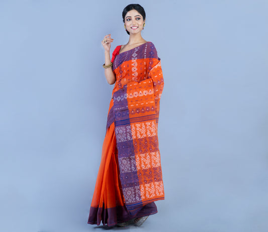 Handloom Jamdani Saree - Orange With Blue Par - ArtisanSoul