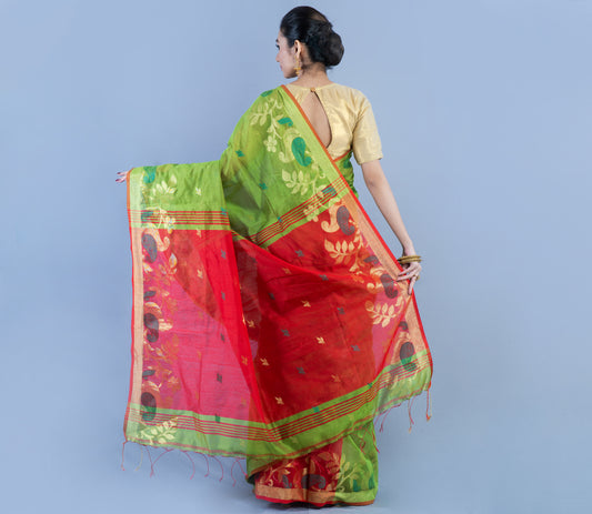 HANDLOOM SAREE WITH WORK ALL OVER THE SAREE - GREEN AND RED - ArtisanSoul