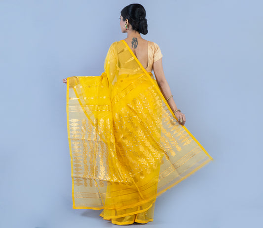 Handloom Muslin Silk Saree - Yellow With Golden Zari - ArtisanSoul