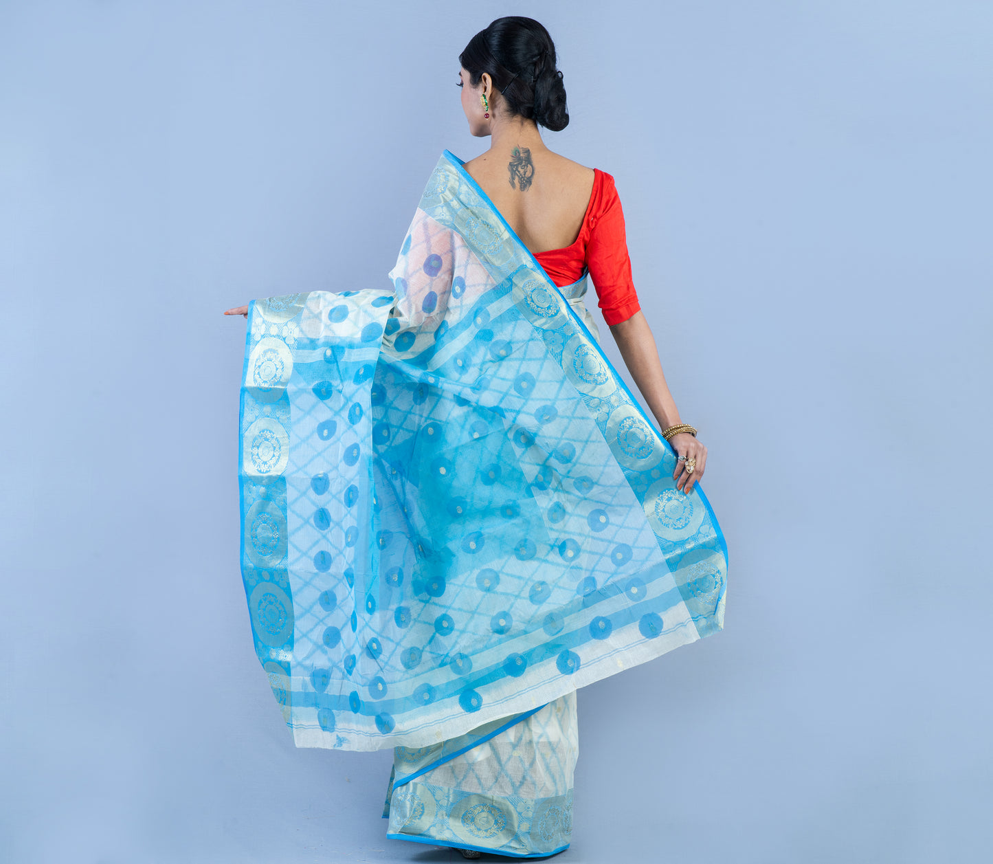 Handloom Tant Saree With Work - White & Sky Blue